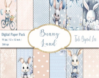 Baby Boy Digital Paper Pack Bunny Land Beige and Blue Printable Scrapbook paper Background Rabbit Digital Paper Pack Instant Download