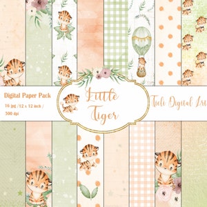 Set di carta digitale piccola tigre Sfondo della cameretta della tigre Pacchetto di carta digitale unisex per bambini Set di carta digitale stampabile tigre Carta per album