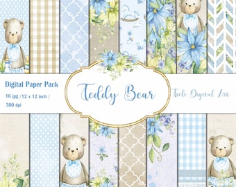 May include: A digital paper pack with 16 images featuring a teddy bear, blue flowers, and various patterns. The images are 12 inches by 12 inches and 300 dpi. The text "Teddy Bear" and "Tieli Digital Art" is included in the image.