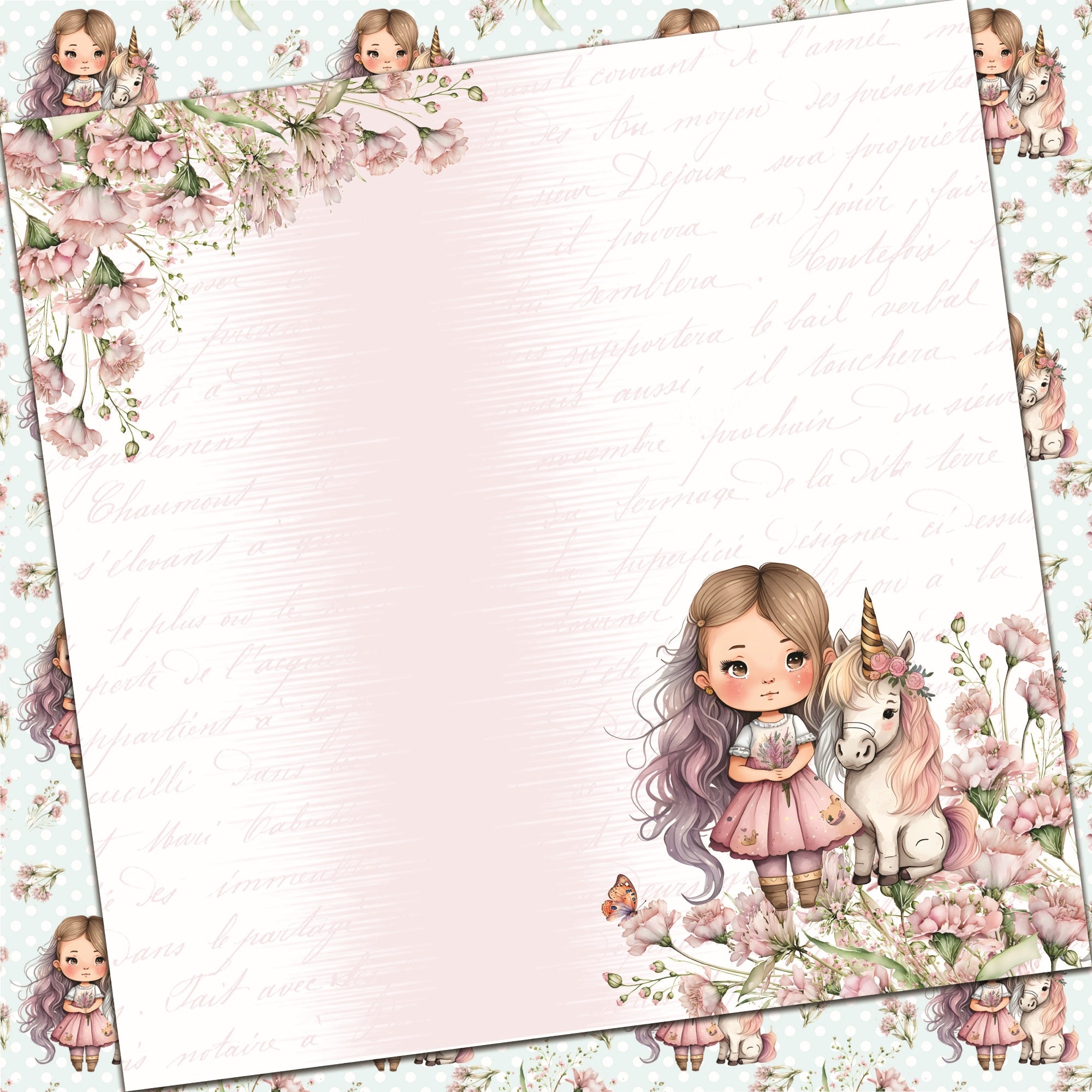 Pretty Girl Digital Paper Set Girl With Unicorn and Swing Scrapbook ...