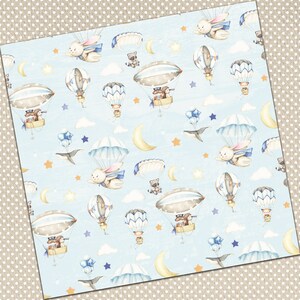 May include: A seamless pattern featuring a light blue background with white clouds, stars, and moons.  The pattern includes various animals, including rabbits, raccoons, and whales, flying in hot air balloons and parachutes.