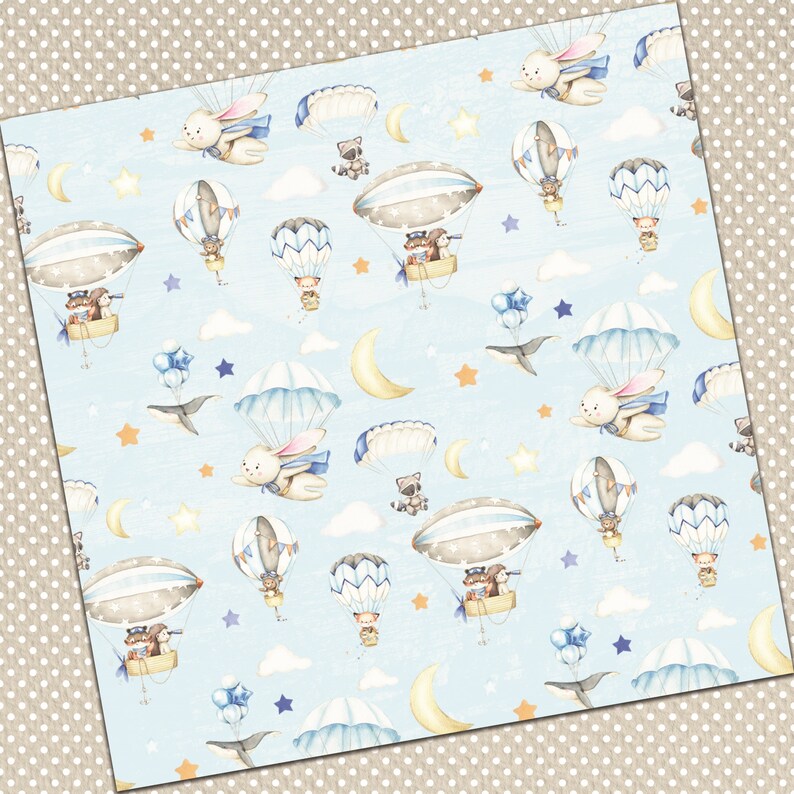 May include: A seamless pattern featuring a light blue background with white clouds, stars, and moons.  The pattern includes various animals, including rabbits, raccoons, and whales, flying in hot air balloons and parachutes.