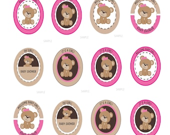 Girl Teddy Bear Baby Shower Tags, Printable Tags, Baby Girl Teddy Bear Welcome Cupcake Toppers, Circle Tags, Labels for Baby Girl Shower