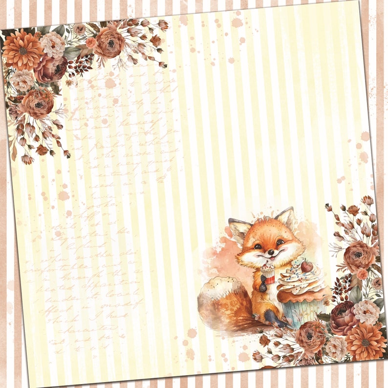 May include: A cute orange fox with a white chest and a fluffy tail holds a cupcake with pink frosting and sprinkles. The fox is surrounded by brown and orange flowers and leaves on a white and yellow striped background.