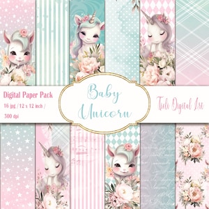 Set di carta digitale unicorno Carta artigianale digitale stazionaria carina Unicorno per bambina Sfondo per vivaio in carta digitale stampabile rosa e blu