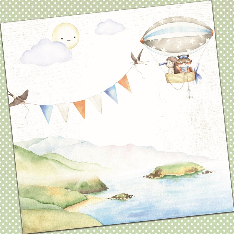 May include: A watercolor illustration of a hot air balloon with a raccoon and a bear inside. The balloon is flying over a blue ocean with green islands. There are white clouds and a yellow sun in the sky. A string of colorful flags is attached to the balloon.
