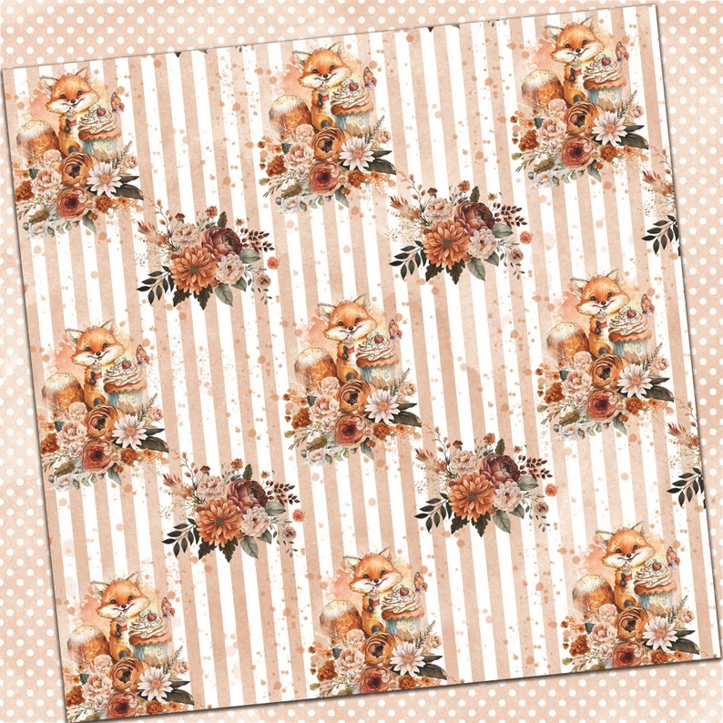 May include: A seamless pattern featuring a cute fox holding a cupcake surrounded by autumn-coloured flowers on a striped background.