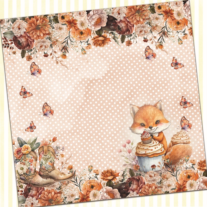 May include: A cute fox with orange fur is holding a cupcake with white icing and sprinkles. The fox is surrounded by flowers and butterflies. The background is a light pink with white polka dots.