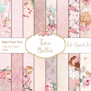 Tutu Ballet Digital Paper Set Baby Girl Scrapbook Paquete de papel digital Bailarina Papel imprimible Recién nacido Fondo Papelería Tarjetas