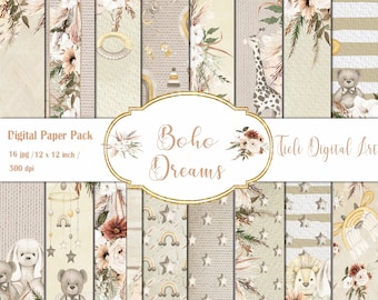 May include: A digital paper pack with 16 boho themed designs featuring illustrations of animals, stars, rainbows, and floral elements. The designs are in shades of beige, brown, and white. The text "Boho Dreams" and "Tieli Digital Art" is included in the image.