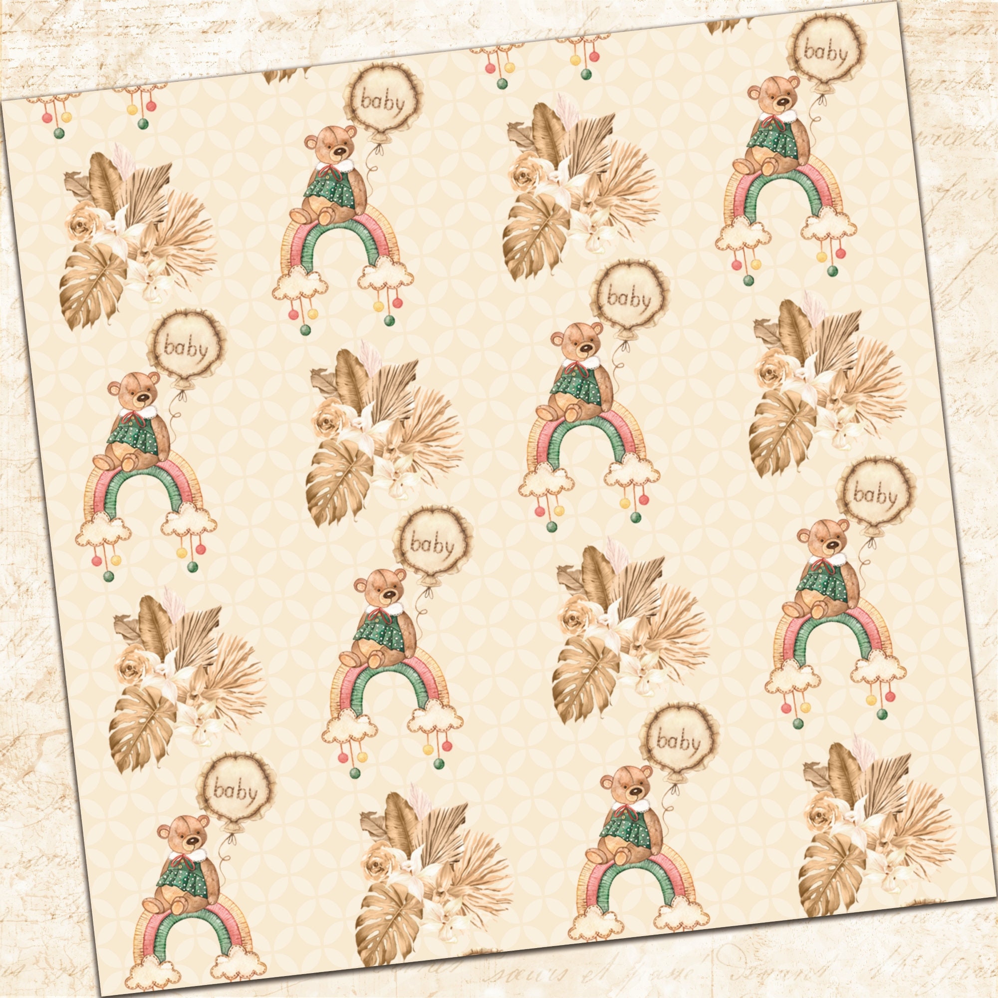Teddy Bear Digital Paper Set Macrame Boho Nursery Background Boho Baby ...