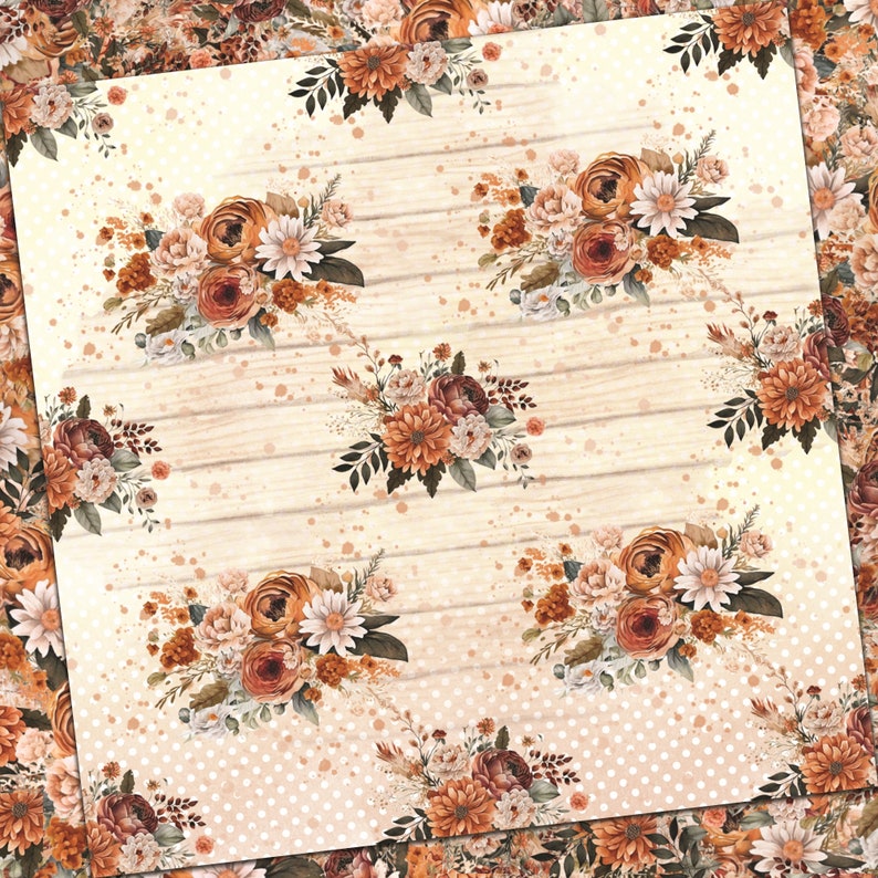 May include: A seamless pattern featuring a repeating design of orange, brown, and white floral bouquets on a light brown woodgrain background with white polka dots.