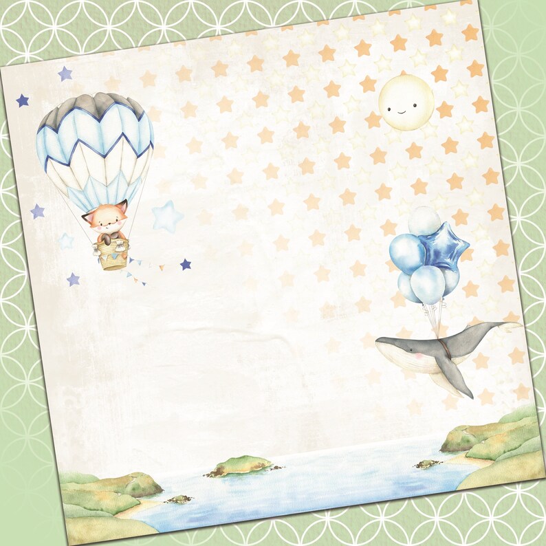 May include: A watercolor illustration of a blue hot air balloon with a fox inside, flying over a blue whale with blue balloons, against a background of orange stars on a light beige background.