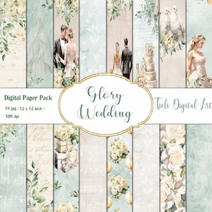 Conjunto de papel digital beige y verde, paquete de papel de boda, papel artesanal imprimible, invitación de boda estacionaria, álbum de recortes, fondo de boda