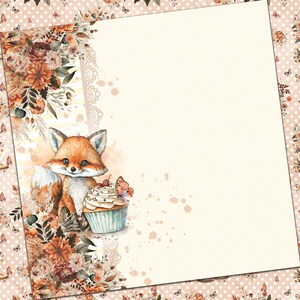 May include: A cute orange fox with a white cupcake and a butterfly on a background of brown and white floral pattern.