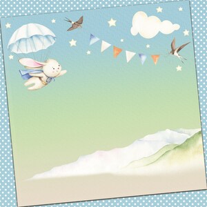 May include: A white rabbit wearing a blue cape and a parachute flies through a blue sky with white stars.  The rabbit is flying towards a mountain range in the distance.  There are colorful flags strung between two birds flying in the sky.