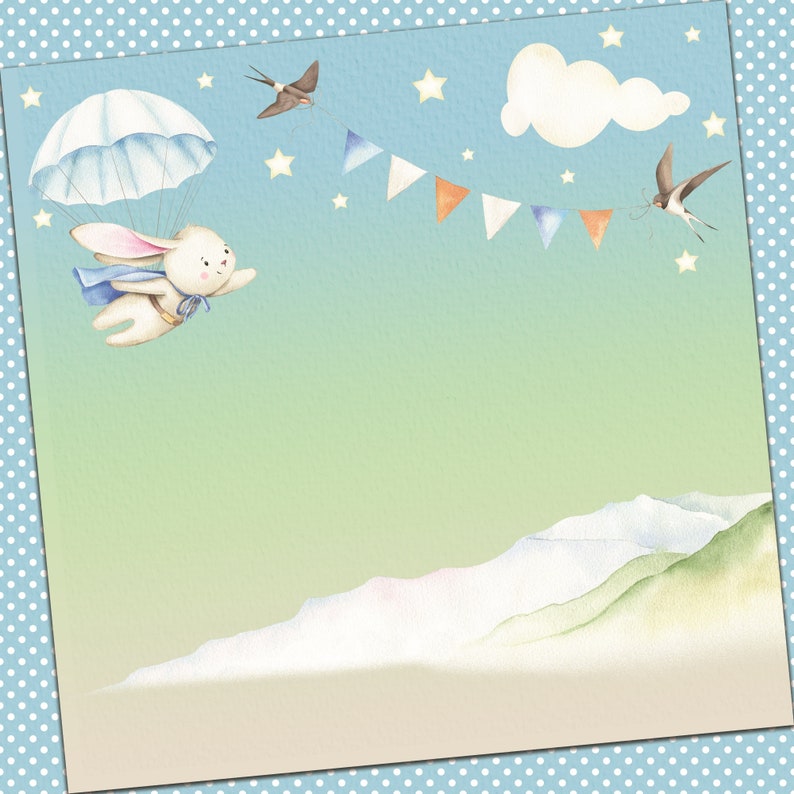 May include: A white rabbit wearing a blue cape and a parachute flies through a blue sky with white stars.  The rabbit is flying towards a mountain range in the distance.  There are colorful flags strung between two birds flying in the sky.