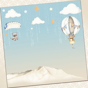 May include: A blue sky with white clouds and yellow stars. A raccoon wearing a parachute is flying in the sky. A teddy bear wearing a pilot's hat is flying in a hot air balloon with blue, white, and orange stripes.