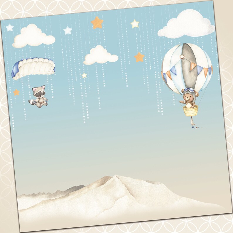 May include: A blue sky with white clouds and yellow stars. A raccoon wearing a parachute is flying in the sky. A teddy bear wearing a pilot's hat is flying in a hot air balloon with blue, white, and orange stripes.