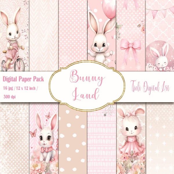 Baby Mädchen Digital Paper Pack Bunny Land Beige und Rosa druckbare Scrapbook Papier Hintergrund Kaninchen Digital Paper Pack Instant Download