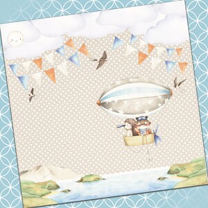 May include: A brown and white striped hot air balloon with a blue and white striped canopy. Two stuffed animals, a bear and a monkey, are sitting in the basket of the balloon. The balloon is flying over a blue and white patterned background with clouds and flags.