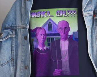 Vaporwave Gothic Couple Tee | American Gothic parody t-shirt, neon retro art
