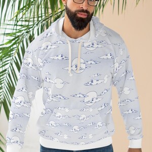 Moonlit Japanese Clouds pattern Hoodie | All-over print celestial sky design, Unisex