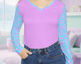 Pastel Brocade V-Neck Shirt | Long Sleeve Women's Top