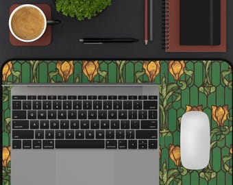 Art Nouveau Stained Glass Style Yellow Tulip Desk Mat | Floral Pattern Mouse Pad