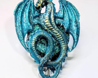 Teal Glitter Dragon Badge Reel – Hand-Cast Resin ID Holder with Gold Accents