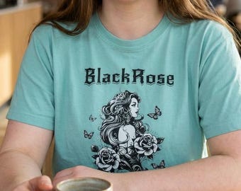 Black Rose woman illustration Tee | Boxy Crop Shirt, Floral Gothic Butterfly Design