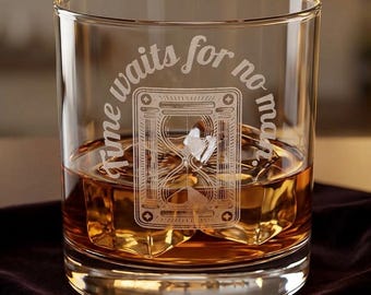 Hourglass "Time Waits For No Man" Engraved Whiskey Glass | 10.5oz Rocks