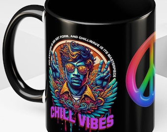 Retro Portrait Mug, Neon Graffiti Coffee Cup, Peace Sign (11oz or 15oz)