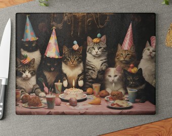 Cats Birthday Party Glass Cutting Board | Cute Cat Celebration Kitchen Decor
