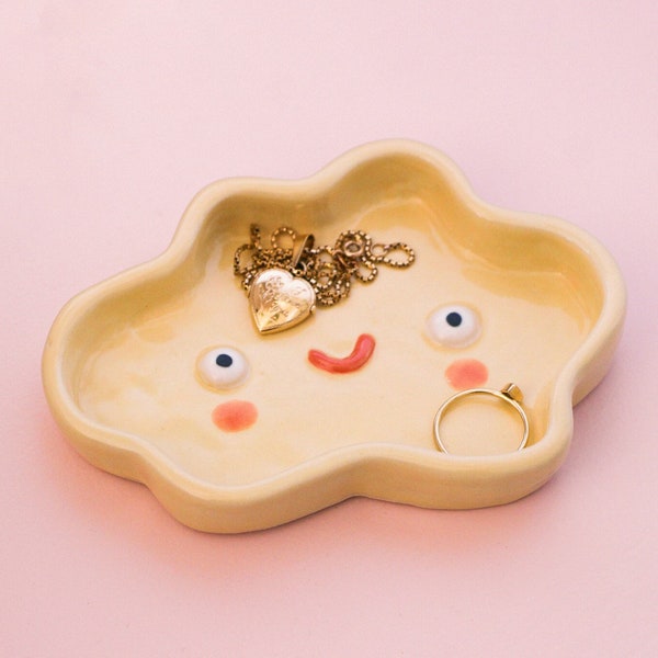 Happy Cloud Ceramic Dish - Handmade Clay Jewellery Dish, Trinket Tray, Ring Dish, Aesthetic Clay Dish, Spoon Rest