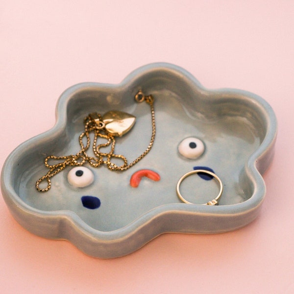Rain Cloud Ceramic Dish - Handmade Clay Jewellery Dish, Trinket Tray, Ring Dish, Aesthetic Clay Dish