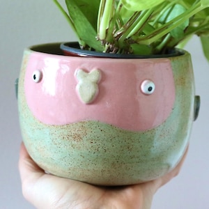 May include: A round ceramic planter featuring a speckled light green base and a smooth pink upper section. The pot has two small white eyes and a central raised heart-shaped detail on the front, containing a green leafy plant in a dark plastic liner.