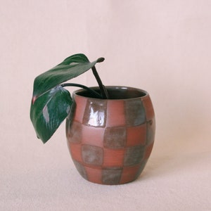 May include: A brown ceramic planter with a checkered pattern in shades of brown and grey. A single green leaf with pink veins is in the planter.