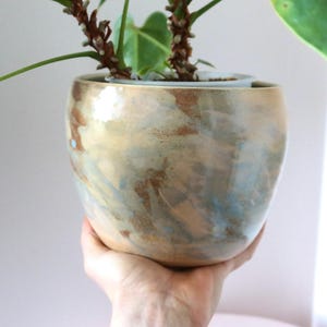 Peut inclure: Un pot de fleurs en céramique arrondi avec une finition brillante présentant un mélange marbré de tons beige terreux, bleu doux et brun chaud. Le récipient a une silhouette lisse et incurvée et contient une plante verte aux tiges et feuilles visibles.