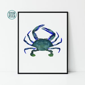 Printable Blue crab wall art, Blue crab illustration, blue crab watercolor, coastal decor, coastal wall art, crab decor, seafood wall art