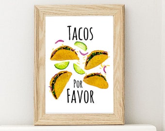 Printable taco wall art, food pun print, funny taco print, tacos por favor, digital taco print, taco wall art