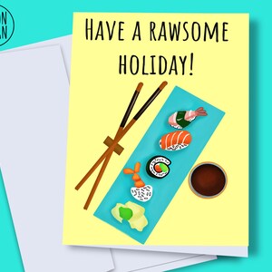 Printable Christmas card, digital Christmas card, food pun Christmas card, Funny Christmas card, have a rawsome holiday, sushi christmas