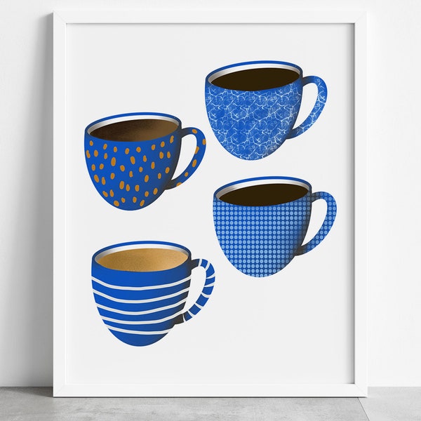 Printable blue coffee cups wall art, digital coffee art, printable kitchen wall art, blue cup print digital, coffee cup digital art