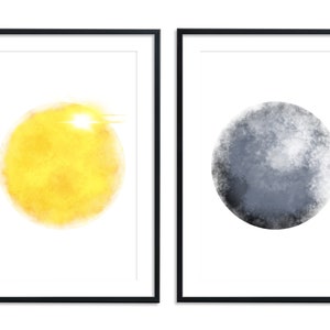 Sun and moon printable wall art set, Printable wall art set of two, Lunar wall art digital, Sun and moon print instant download