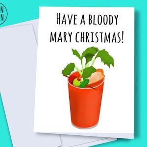 Afdrukbare kerstkaart, digitale kerstkaart, Bloody Mary Christmas, digitale voedselwoordspeling kerstkaart, afdrukbare grappige kerstkaart