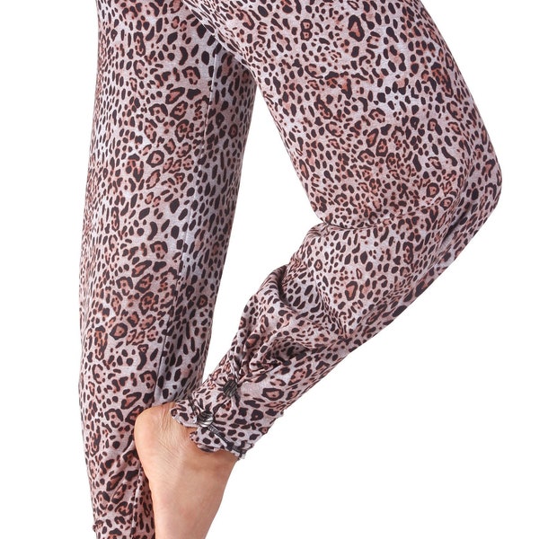 Yoga pants Leopard Print Harem style with folding waistband Brown