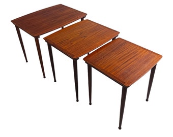 Nesting tables on drumstick legs, set of three side tables, teak. Vintage danish design by Jørgen Aakjær Jørgensen, 1960s