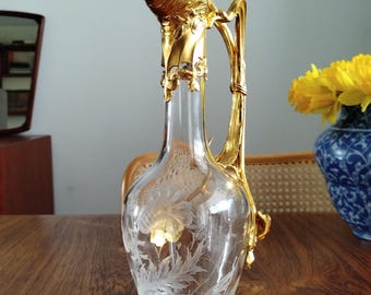 Antique art nouveau decanter jug of gilt metal and engraved glass, French ca. 1900