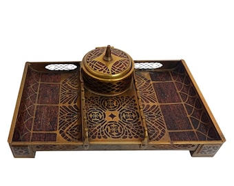 Antique Elegant Desk Set Inkwell by Erhard & Söhne. Art Nouveau, German Jugendstil Design ca. 1910, Brass Inlay and Mahogny