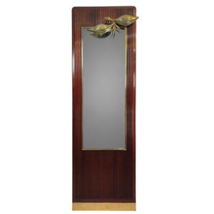 Vintage mid century Italian or Danish design floor mirror with a brass floral lamp, 1950s in the style of Paolo Buffa and Osvaldo Borsani